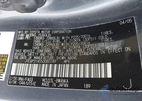 2005 Toyota Highlander V6 z USA, uszkodzony, nr VIN JTEGP21A550080749